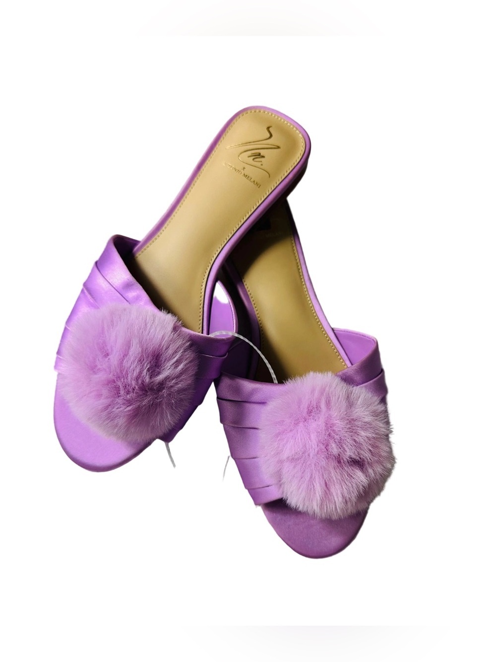 ANTONIO MELANI Lilac Pom-Pom Satin Slide Mules - Picture 2 of 10
